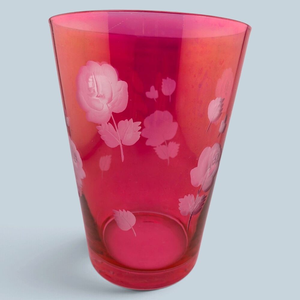 Vintage Cranberry Ruby Flash Glass Vase Cut Etched Roses Floral 8" Pink Red